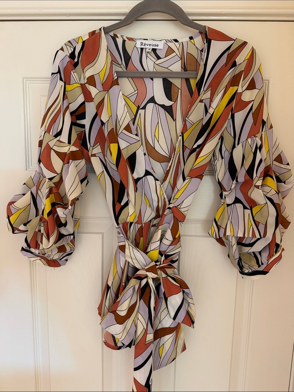 Tie-Front Printed Wrap Blouse in Multi-Color Abstract